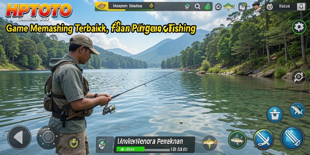 Gameplay HPTOTO menunjukkan pemain menangkap ikan di lokasi yang indah.