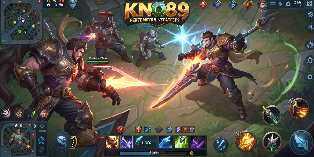 Tangkapan layar gameplay KNO89 yang menunjukkan aksi pertempuran MOBA yang mendebarkan.