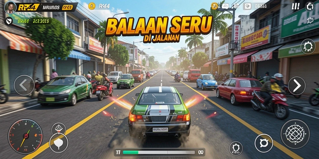 Screenshot utama RR44 menampilkan aksi balap yang mendebarkan di jalanan.